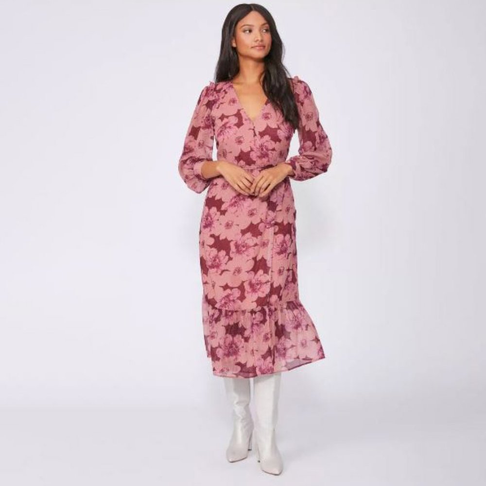 PAIGE Floral Faux Wrap Long Sleeve Midi Ruffle Dress Pink M
